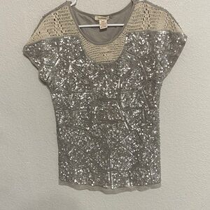 Sundance Silver Sequin Blouse with Cream Crochet